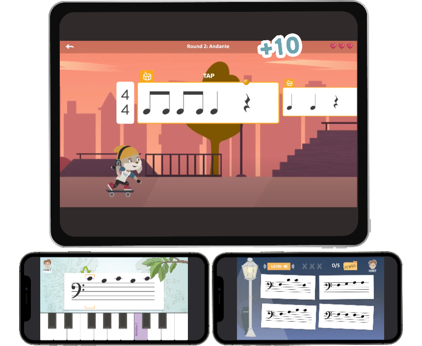 Learning piano is fun with interactive games.